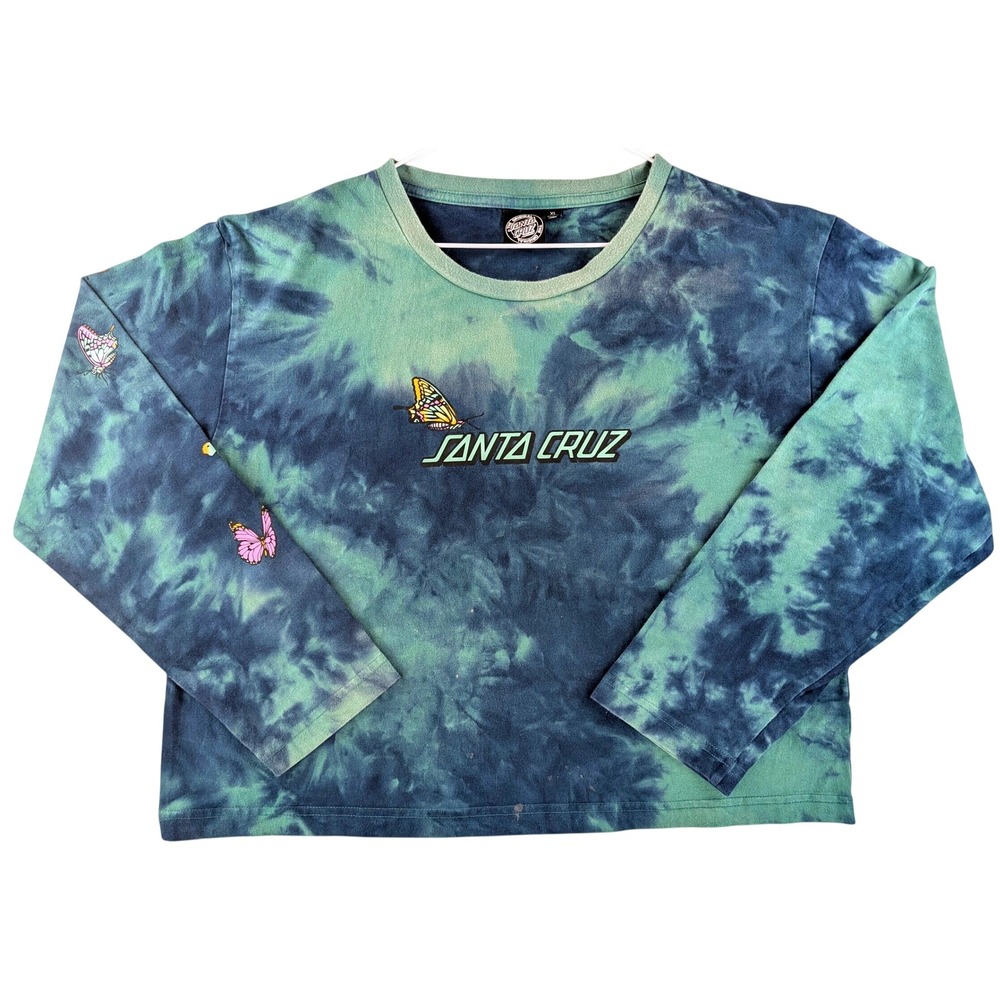 Santa Cruz Butterfly Tie Dye Long Sleeve Cropped T-Shirt Womens XL Blue Green